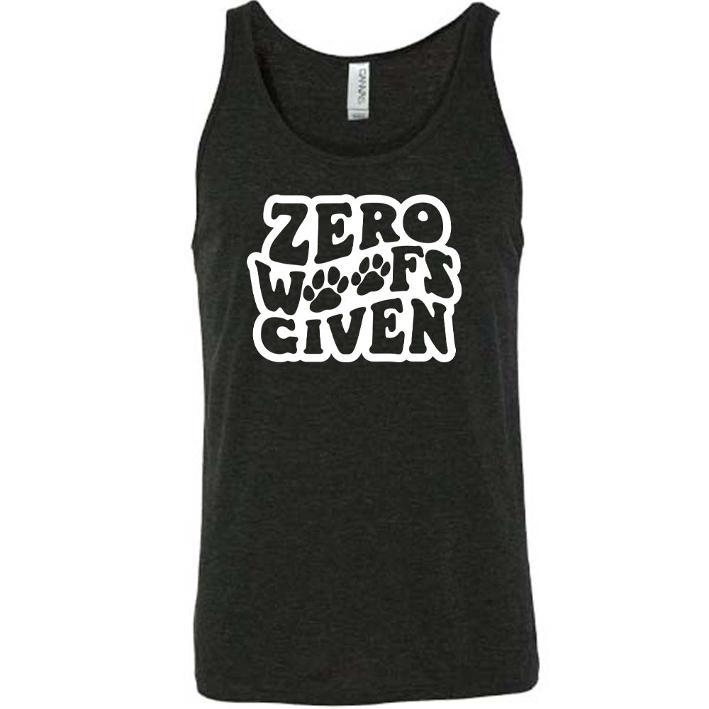 Black colored tank with paw print graphic on it that says "Zero Woofs Given"
