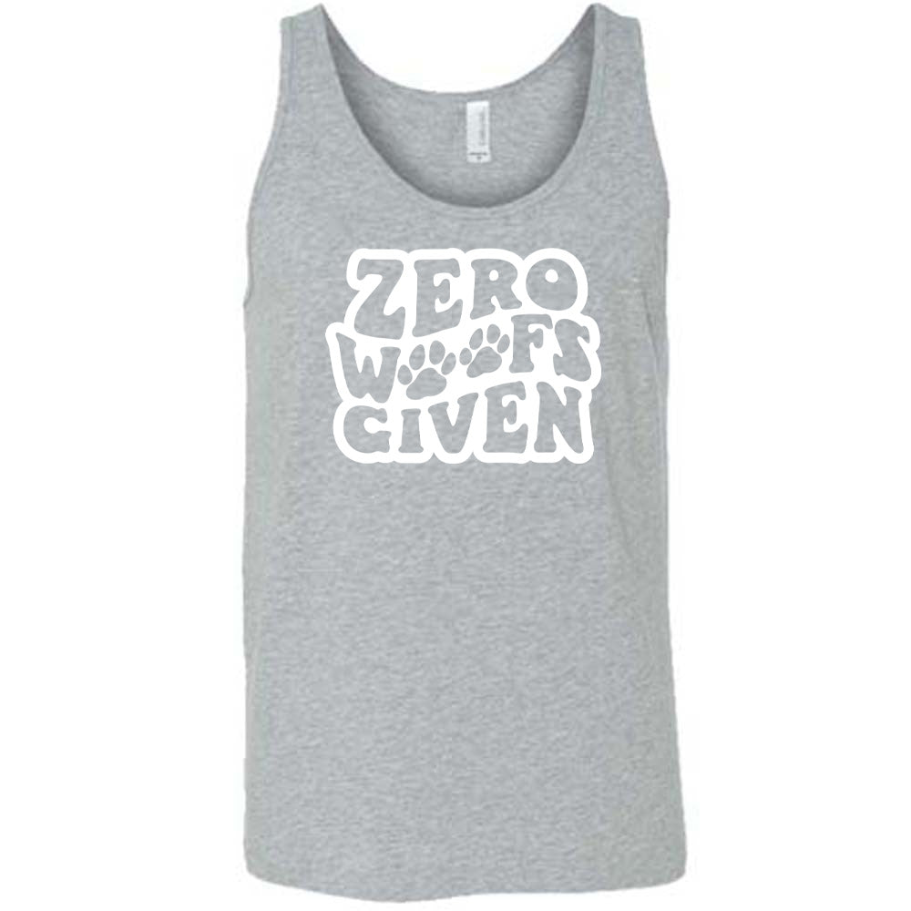 Grey colored tank with paw print graphic on it that says "Zero Woofs Given"