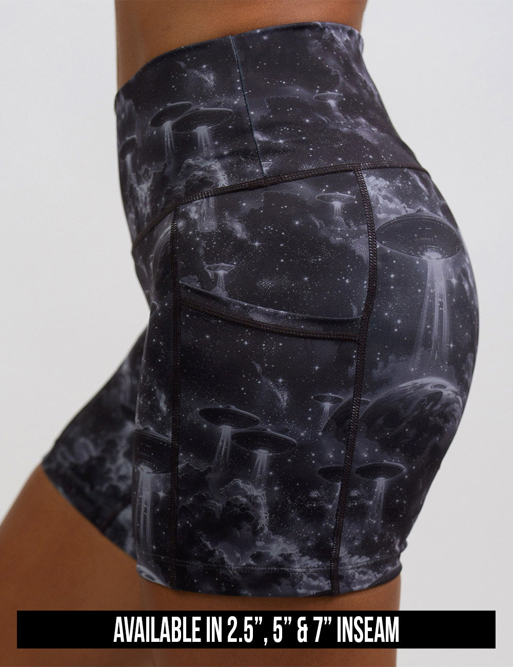 available inseam lengths for the alien space ship invasion shorts, lengths include 2.5, 5, and 7 inches