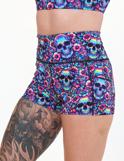 2.5 inch neon skull print shorts facing the front against a white background