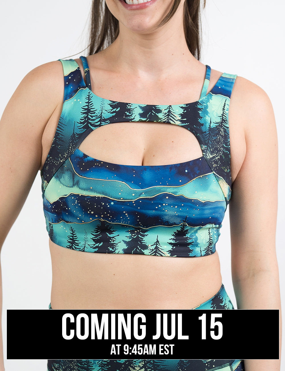 front of the aurora forest vista bra against a white background, coming july 15th