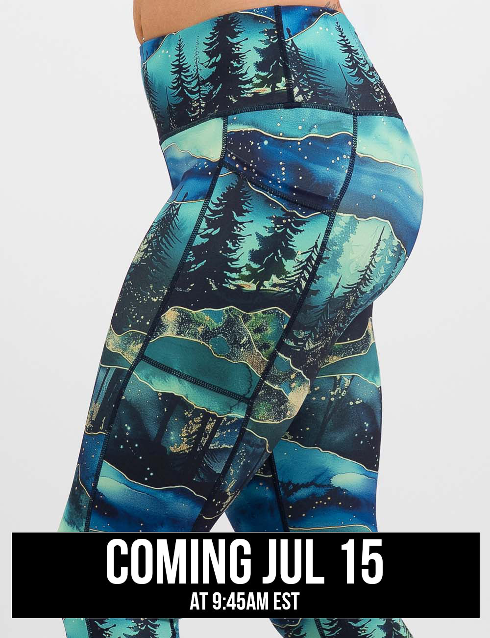 close up of the aurora forest pattern leggings against a white background, coming july 15th
