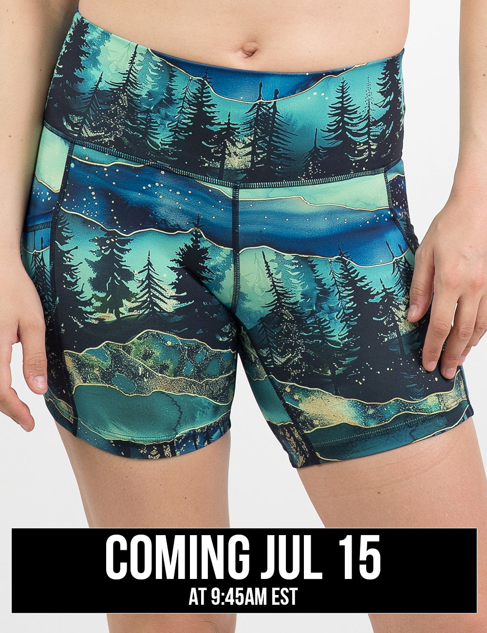 front of the aurora forest 5 inch shorts against a white background, coming july 15th