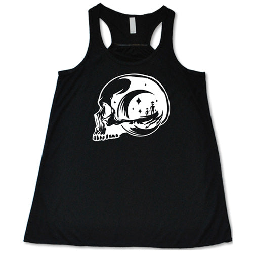 black racerback tank top with an alien skull design