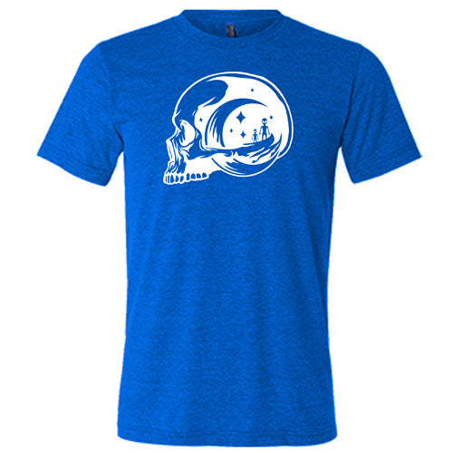 blue unisex shirt with an alien skull design