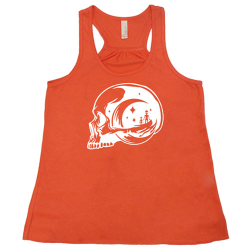 coral racerback tank top with an alien skull design