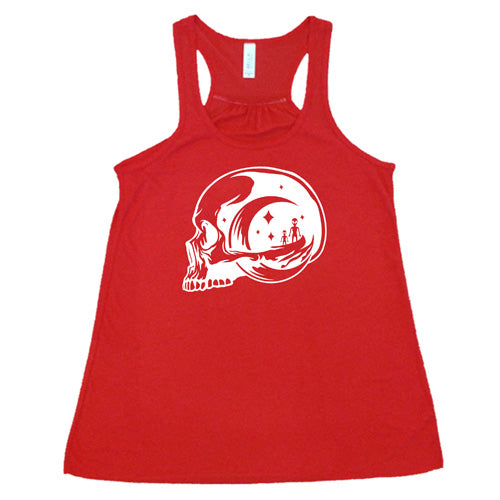 red racerback tank top with an alien skull design