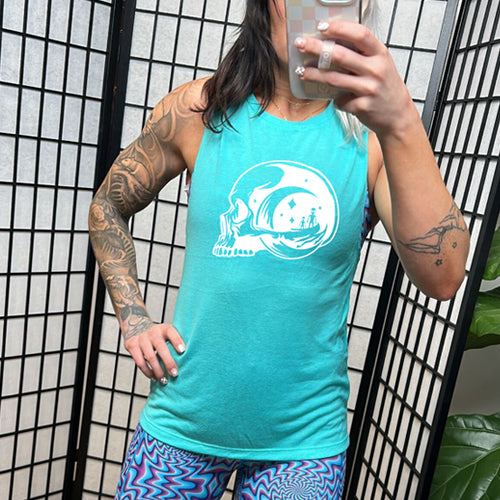 teal muscle tank top with an alien skull design