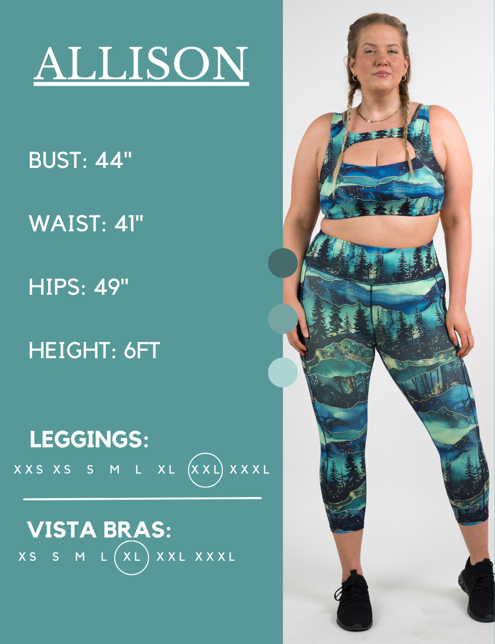 Model’s measurements of 44” bust, 41” waist, 49” hips and height of 6 ft. She is wearing a size extra extra large in our leggings