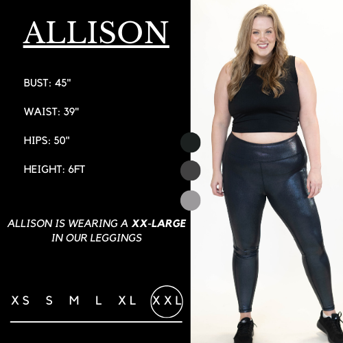 Model's measurements of 45 inch bust, 39 inch waist, 50 inch hips, and height of 6 foot. She is wearing a double xl in these leggings.
