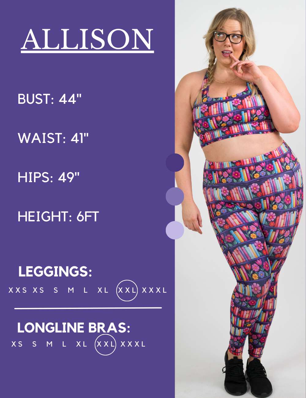 Model’s measurements of 44” bust, 41” waist, 49” hips and height of 6 feet. She is wearing a size extra extra large in our leggings