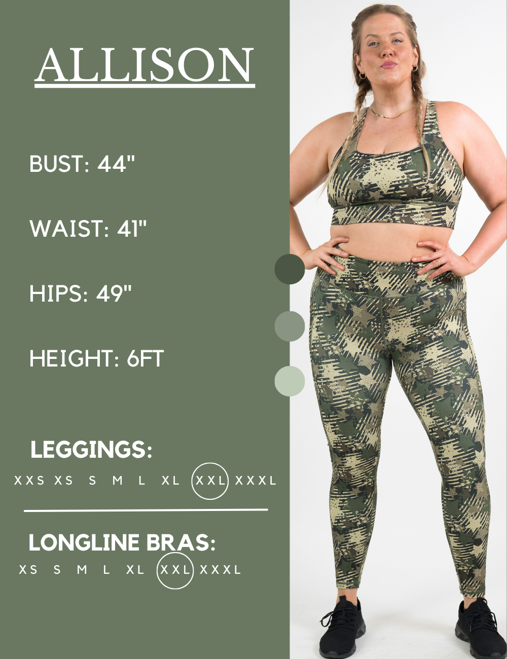 Model’s measurements of 44” bust, 41” waist, 49” hips and height of 6 feet. She is wearing a size extra extra large in our leggings