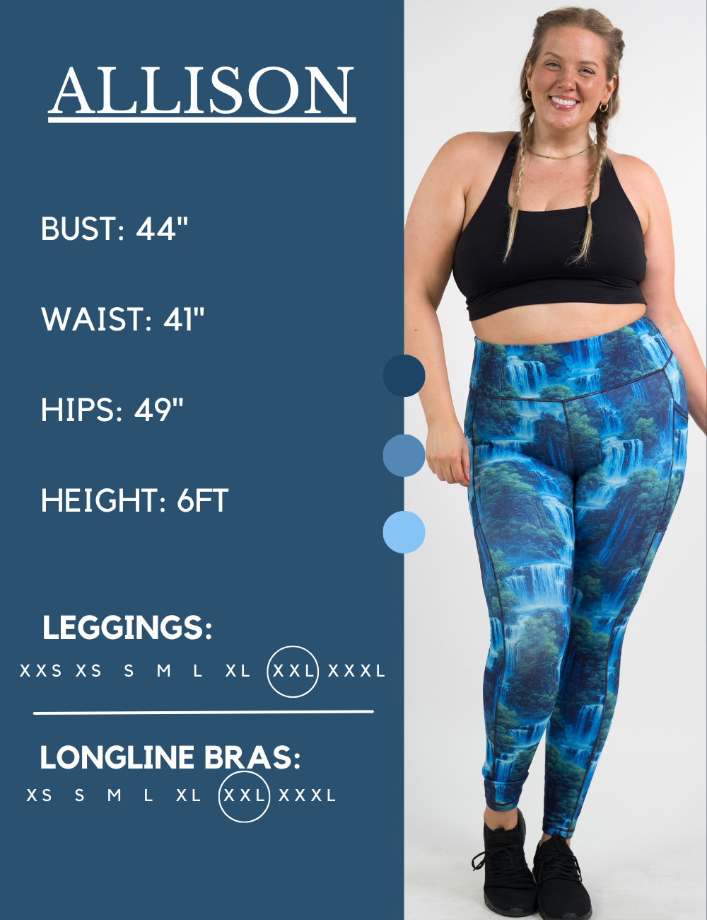 Model’s measurements of 44” bust, 41” waist, 49” hips and height of 6 feet. She is wearing a size extra extra large in our leggings