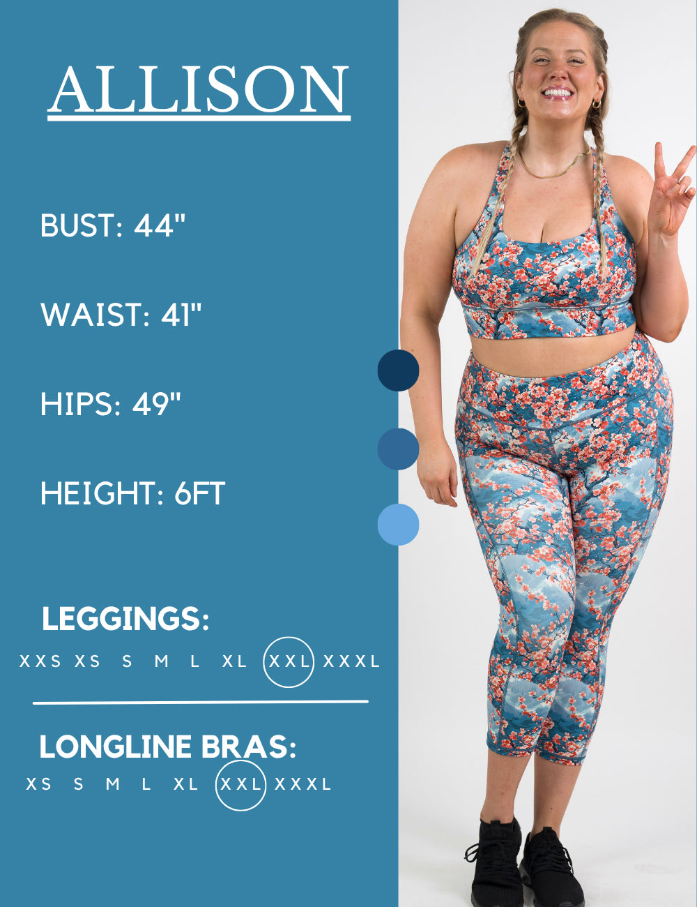 Model’s measurements of 44” bust, 41” waist, 49” hips and height of 6 ft. She is wearing a size extra extra large in our leggings