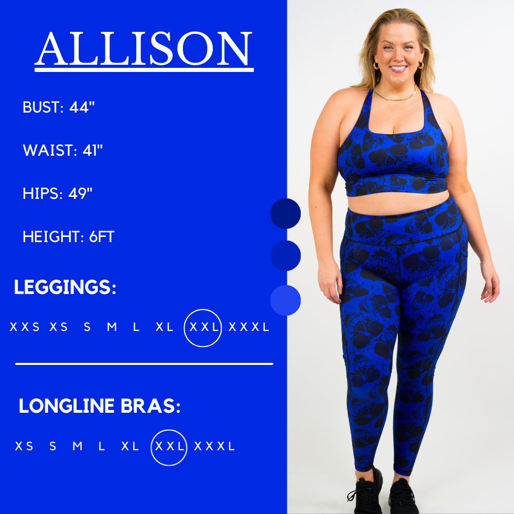 Model’s measurements of 44” bust, 41” waist, 49” hips and height of 6 feet. She is wearing a size extra extra large in our leggings