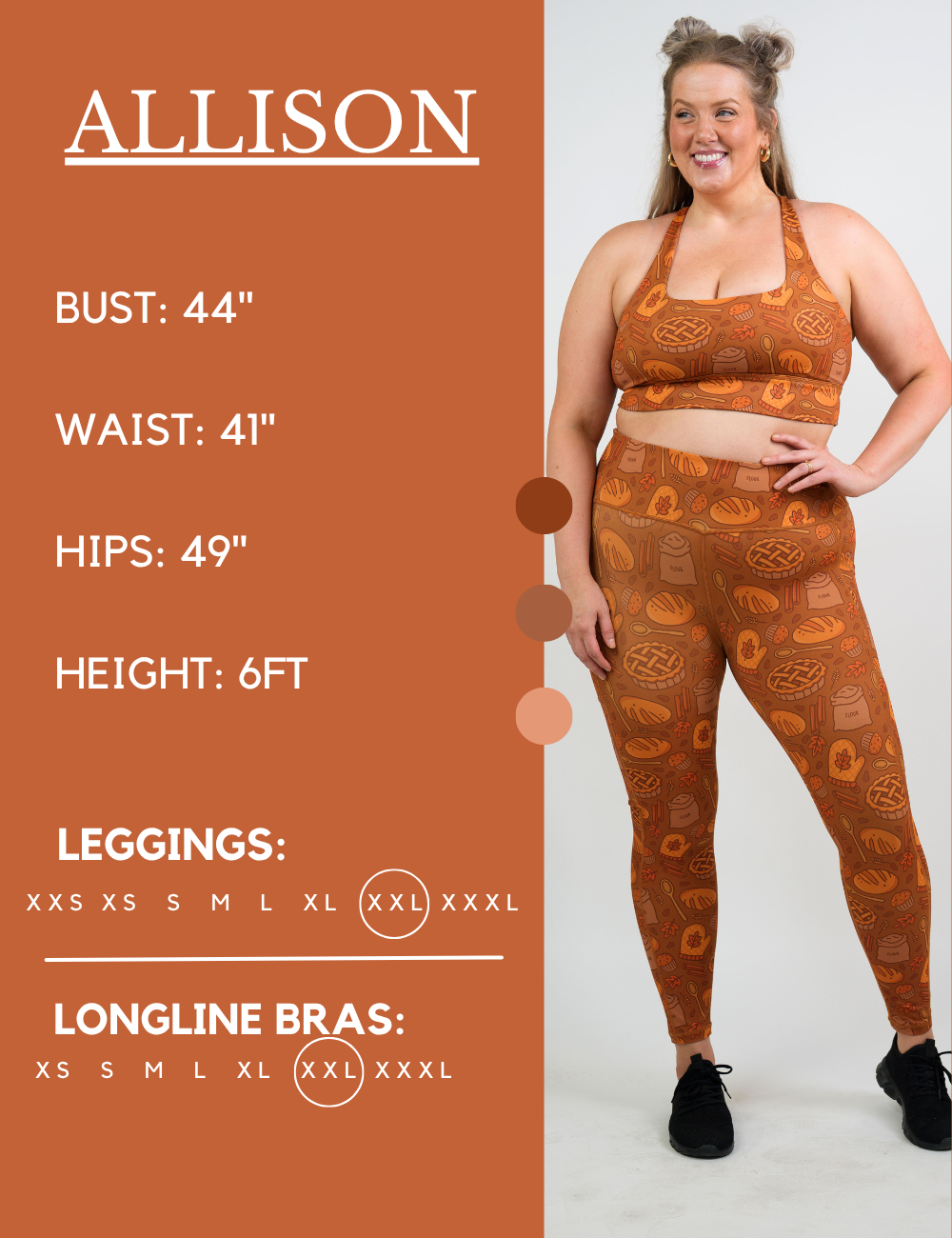 Model’s measurements of 44” bust, 41” waist, 49” hips and height of 6 feet. She is wearing a size extra extra large in our leggings