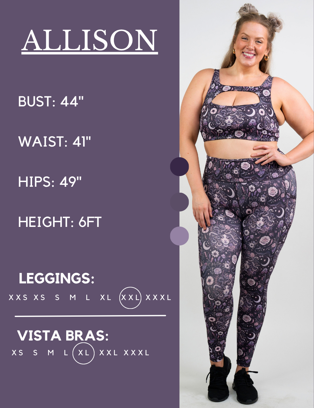 Model’s measurements of 44” bust, 41” waist, 49” hips and height of 6 feet. She is wearing a size extra extra large in our leggings
