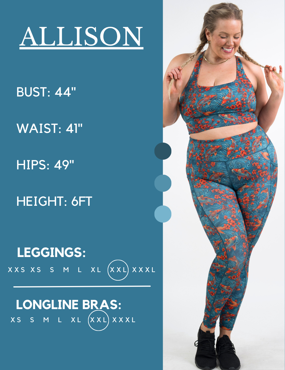 Model’s measurements of 44” bust, 41” waist, 49” hips and height of 6 feet. She is wearing a size extra extra large in our leggings
