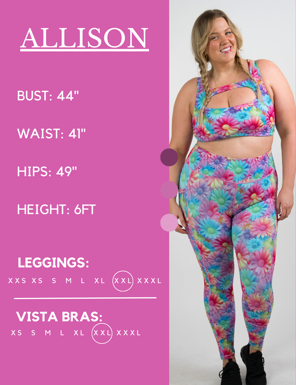 Model’s measurements of 44” bust, 41” waist, 49” hips and height of 6 feet. She is wearing a size extra extra large in our leggings