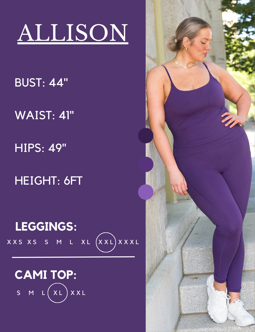 Model’s measurements of 44” bust, 41” waist, 49” hips and height of 6 feet. She is wearing a size extra large in our cami tops