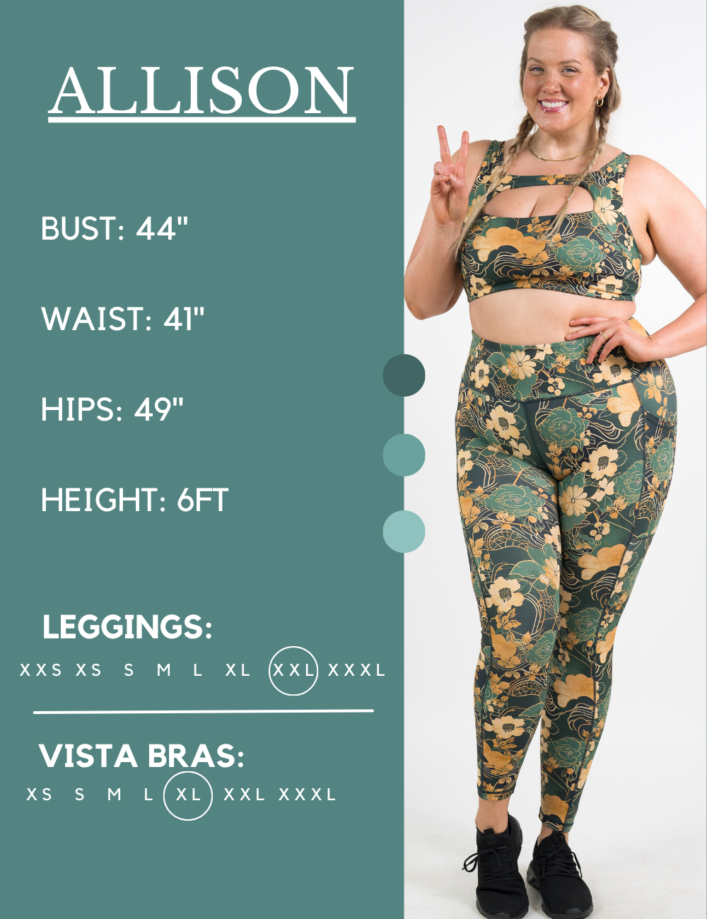Model’s measurements of 44” bust, 41” waist, 49” hips and height of 6 feet. She is wearing a size extra extra large in our leggings
