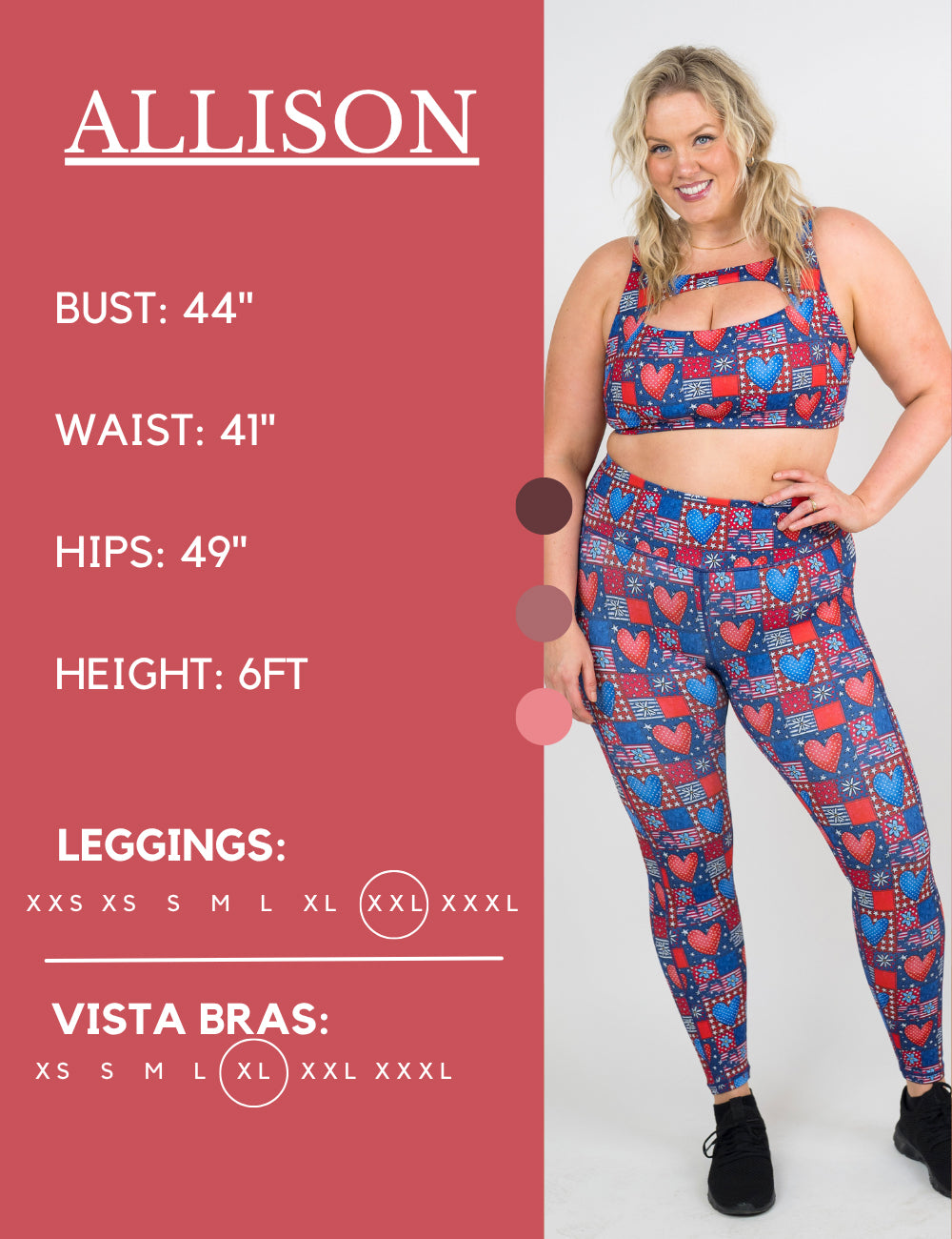 Model’s measurements of 44” bust, 41” waist, 49” hips and height of 6 ft. She is wearing a size extra extra large in our leggings