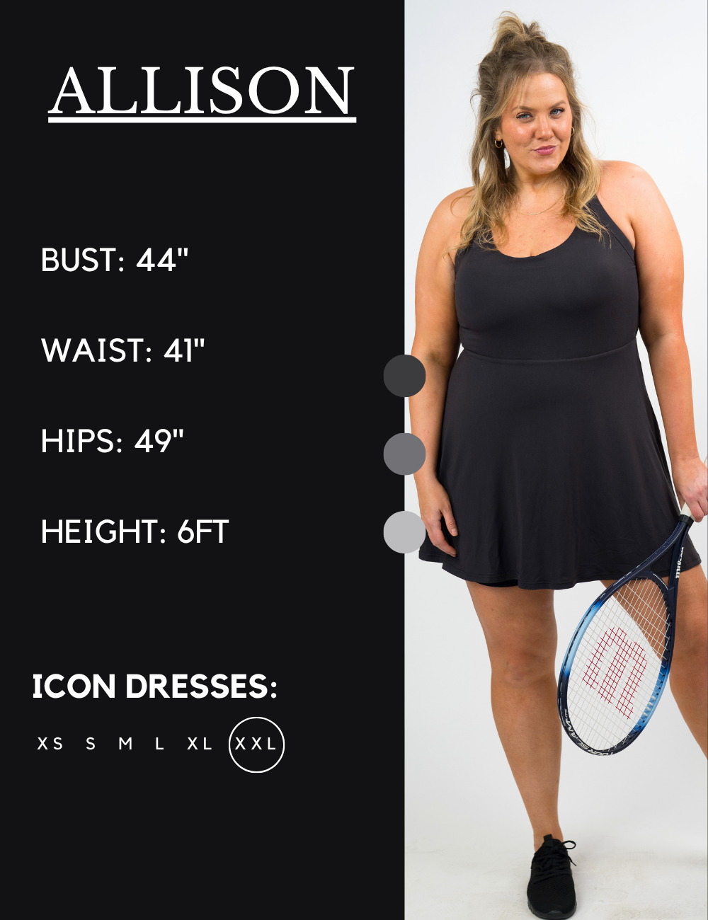 Model’s measurements of 44” bust, 41” waist, 49” hips and height of 6 feet. She is wearing a size extra extra large in our Icon dress
