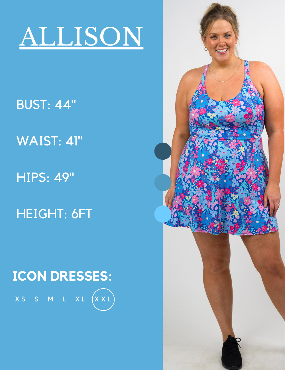 Model’s measurements of 44” bust, 41” waist, 49” hips and height of 6 feet. She is wearing a size extra extra large in our icon dress