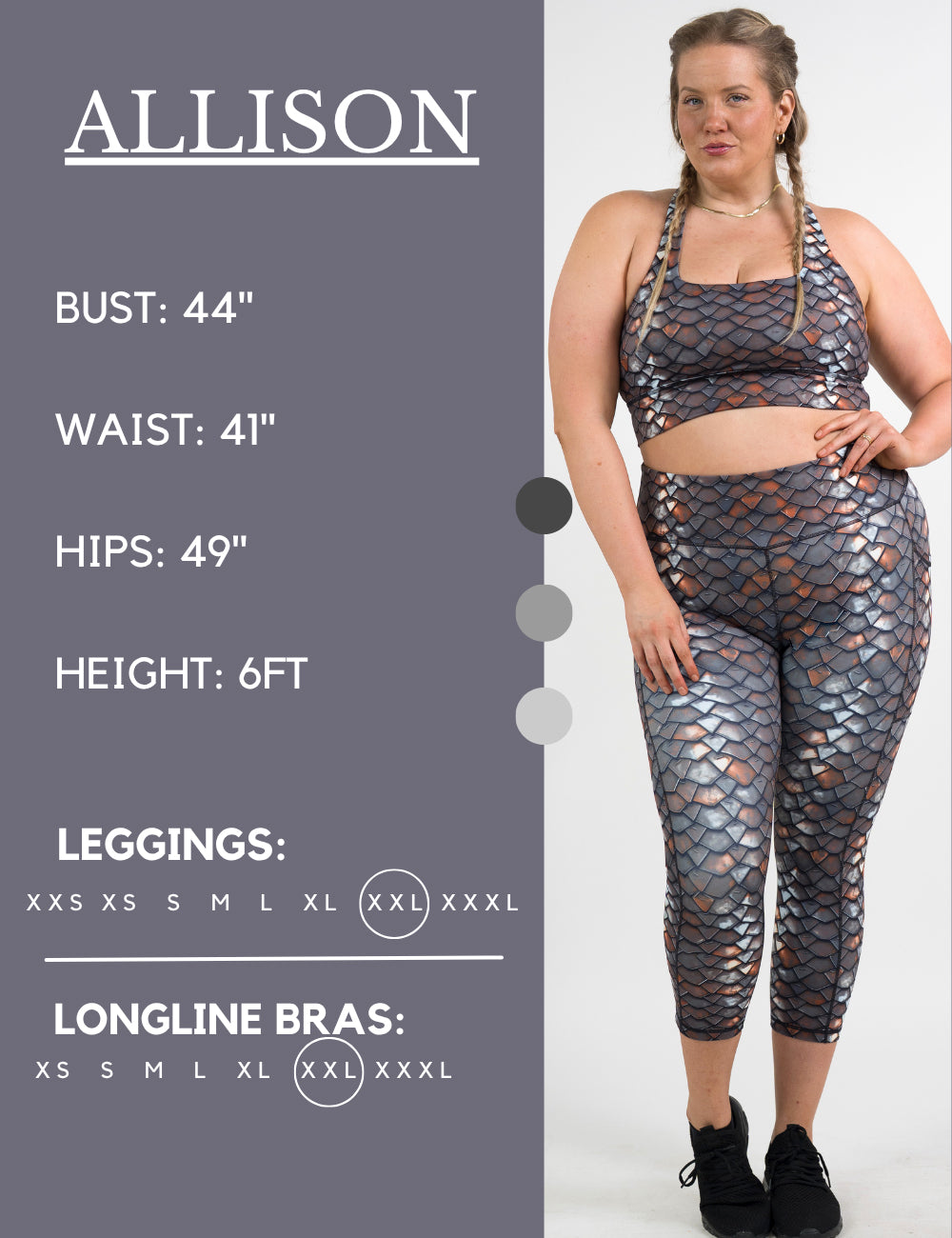 Model’s measurements of 44” bust, 41” waist, 49” hips and height of 6 ft. She is wearing a size extra extra large in our leggings