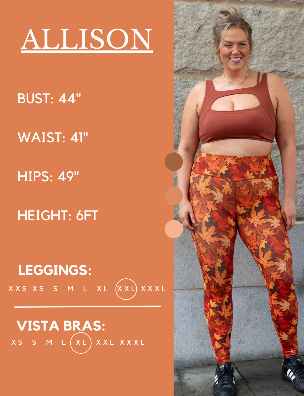 Model’s measurements of 44” bust, 41” waist, 49” hips and height of 6 ft. She is wearing a size extra extra large in our leggings