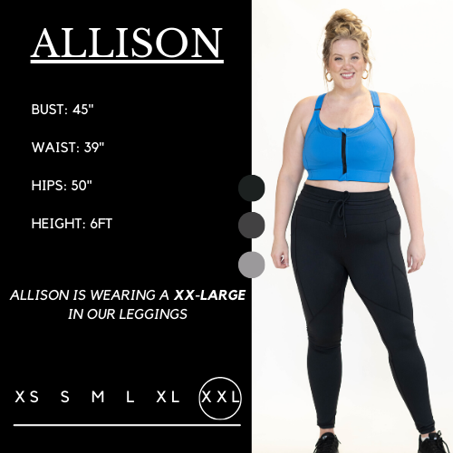 Model's measurements of 45 inch bust, 39 inch waist, 50 inch hips, and height of 6 foot. She is wearing a double xl in these leggings.
