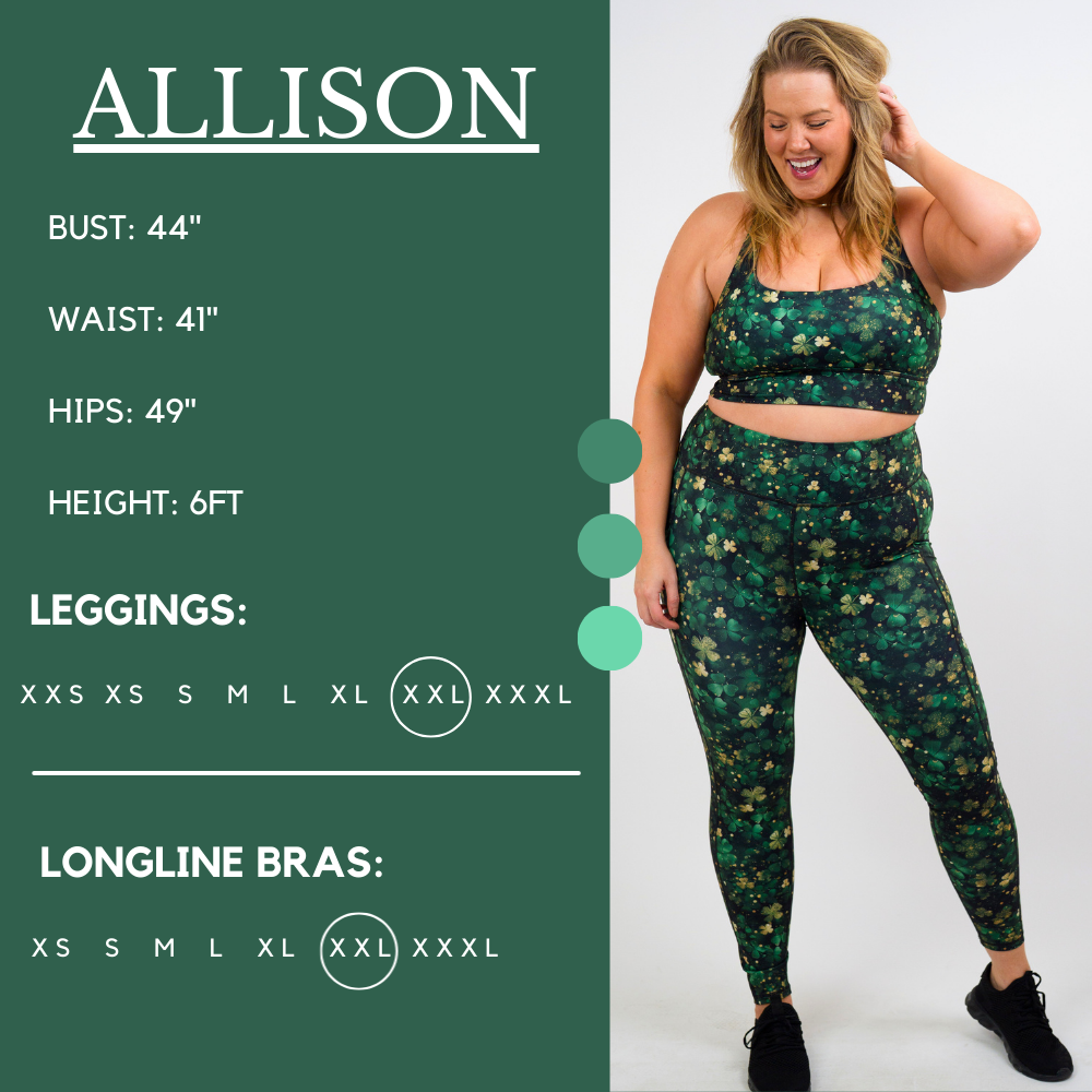 Model’s measurements of 44” bust, 41” waist, 49” hips and height of 6 feet. She is wearing a size extra extra large in our leggings