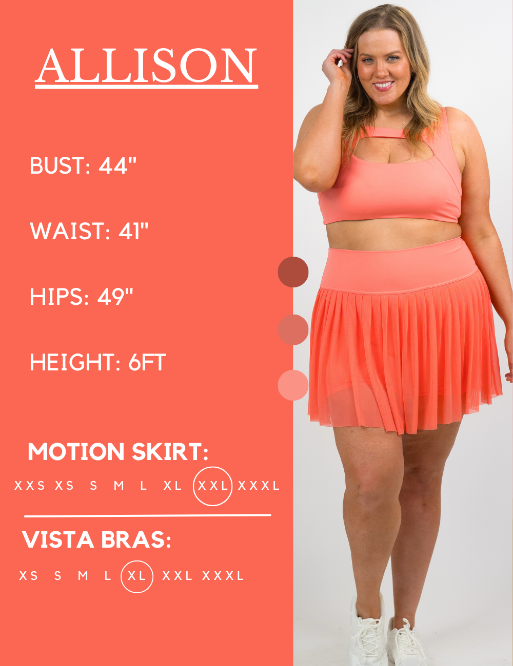 Model’s measurements of 44” bust, 41” waist, 49” hips and height of 6 feet. She is wearing a size extra extra large in our motion skirts