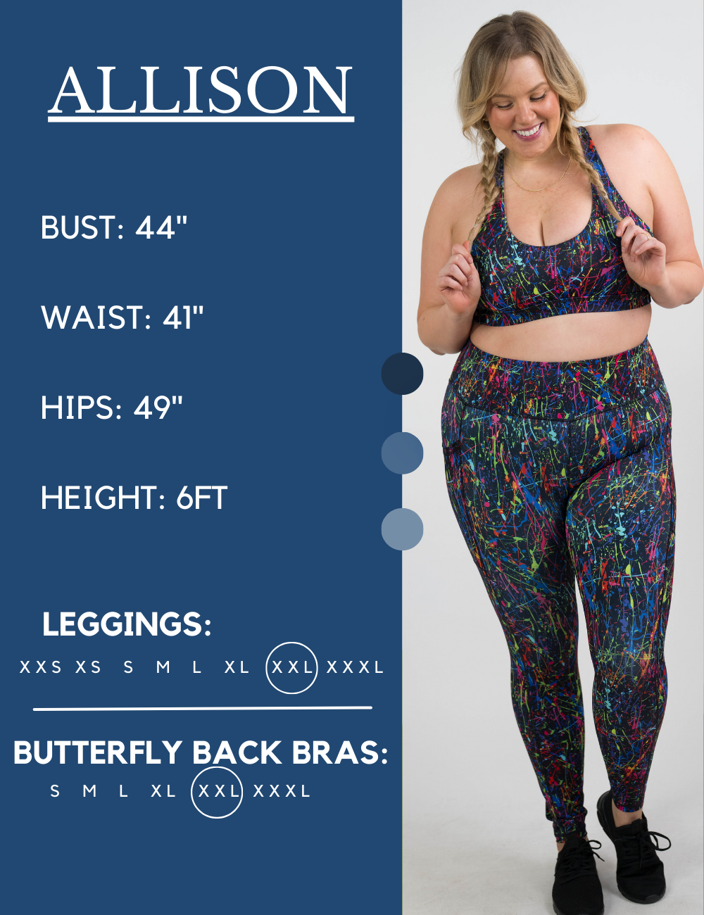 Model’s measurements of 44” bust, 41” waist, 49” hips and height of 6 feet. She is wearing a size extra extra large in our leggings