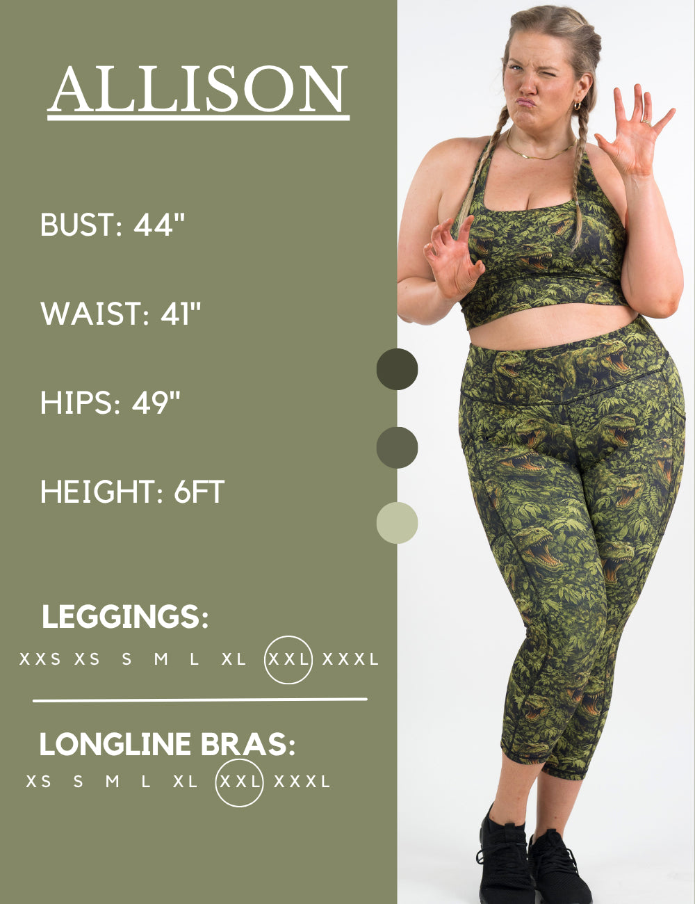 Model’s measurements of 44” bust, 41” waist, 49” hips and height of 6 ft. She is wearing a size extra extra large in our leggings