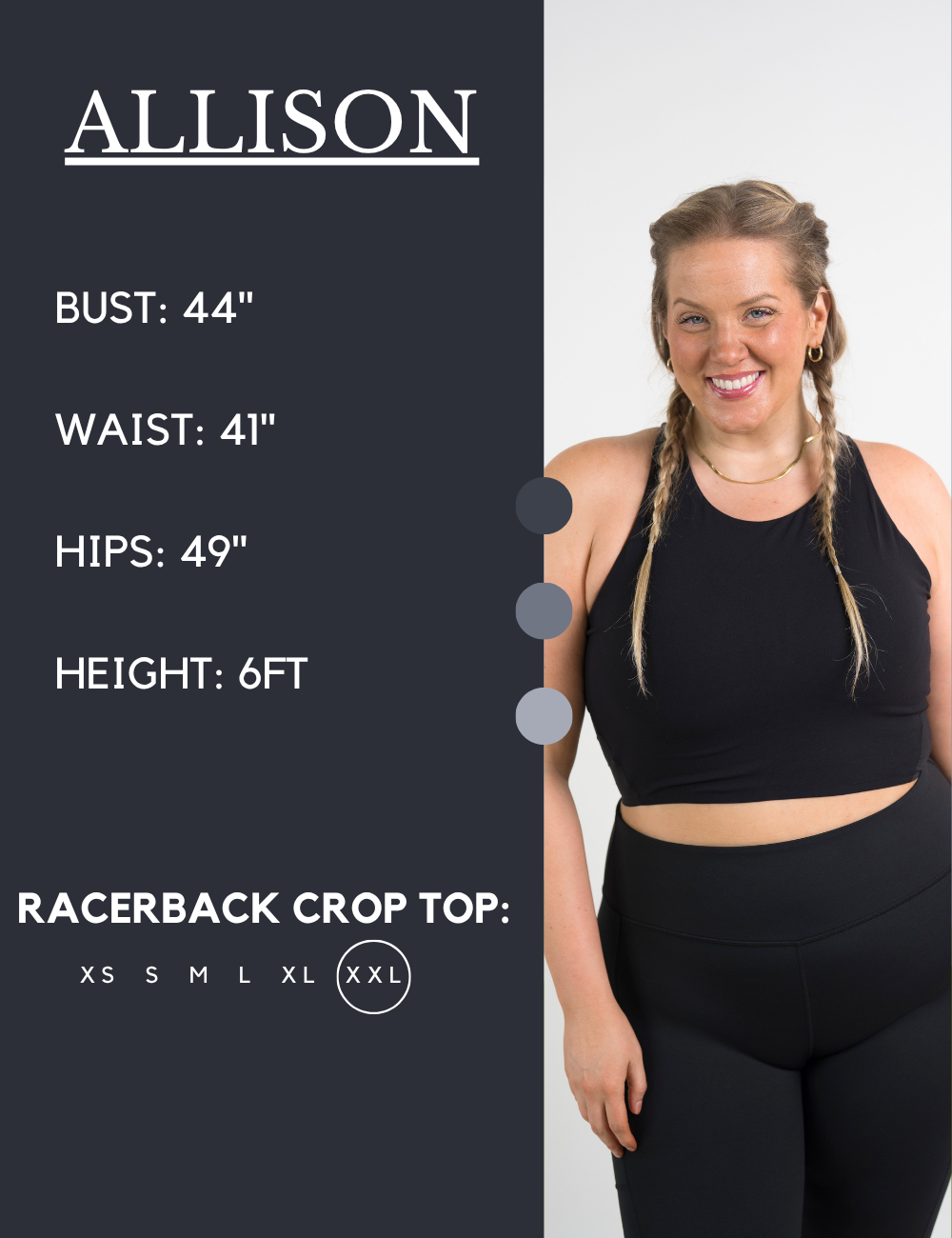 Model’s measurements of 44” bust, 41” waist, 49” hips and height of 6 ft. She is wearing a size extra extra large in our racerback crop top's
