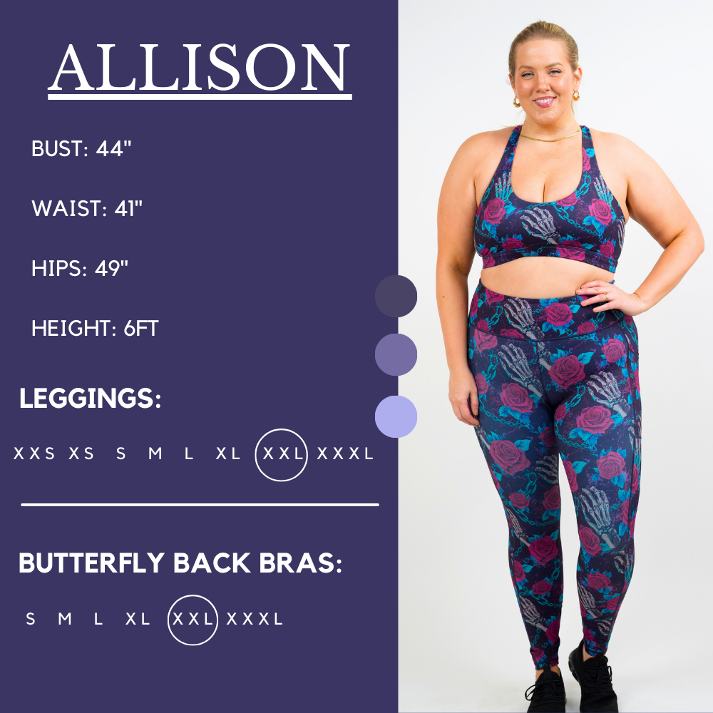 Model’s measurements of 44” bust, 41” waist, 49” hips and height of 6 feet. She is wearing a size extra extra large in our leggings