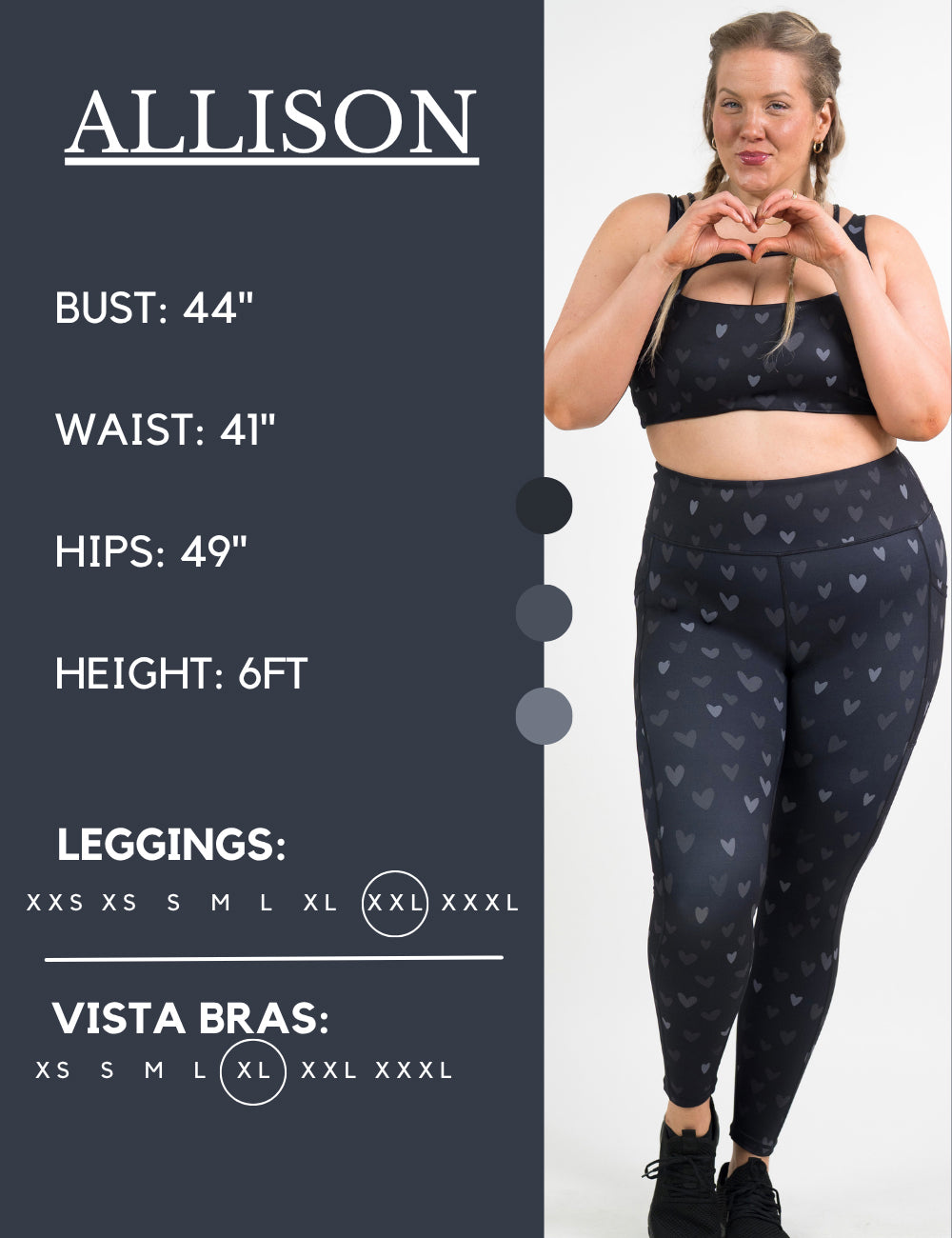 Model’s measurements of 44” bust, 41” waist, 49” hips and height of 6 ft. She is wearing a size extra extra large in our leggings