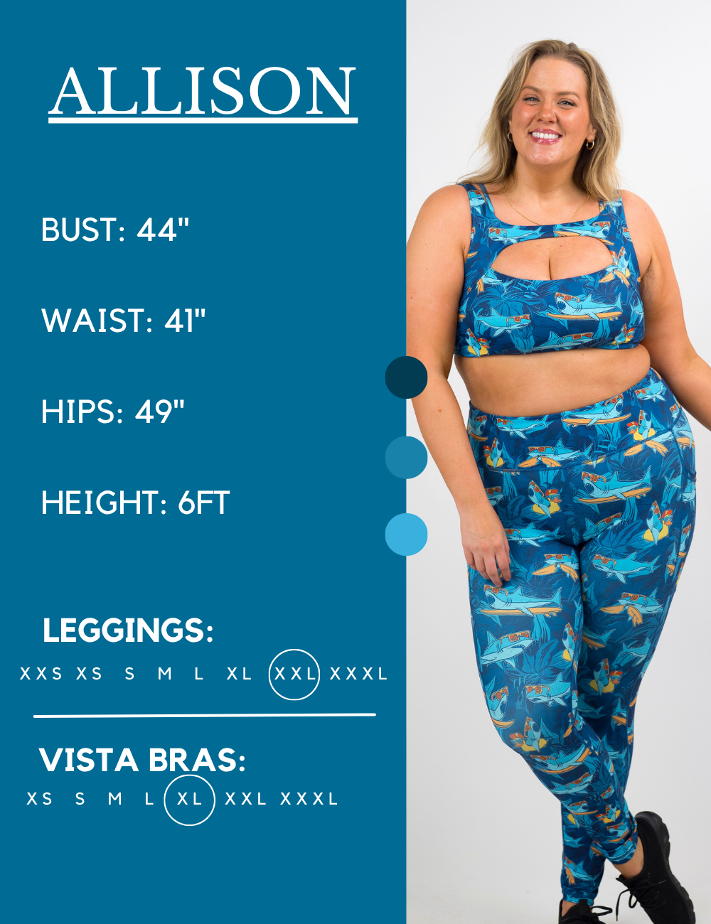 Model’s measurements of 44” bust, 41” waist, 49” hips and height of 6 feet. She is wearing a size extra extra large in our leggings