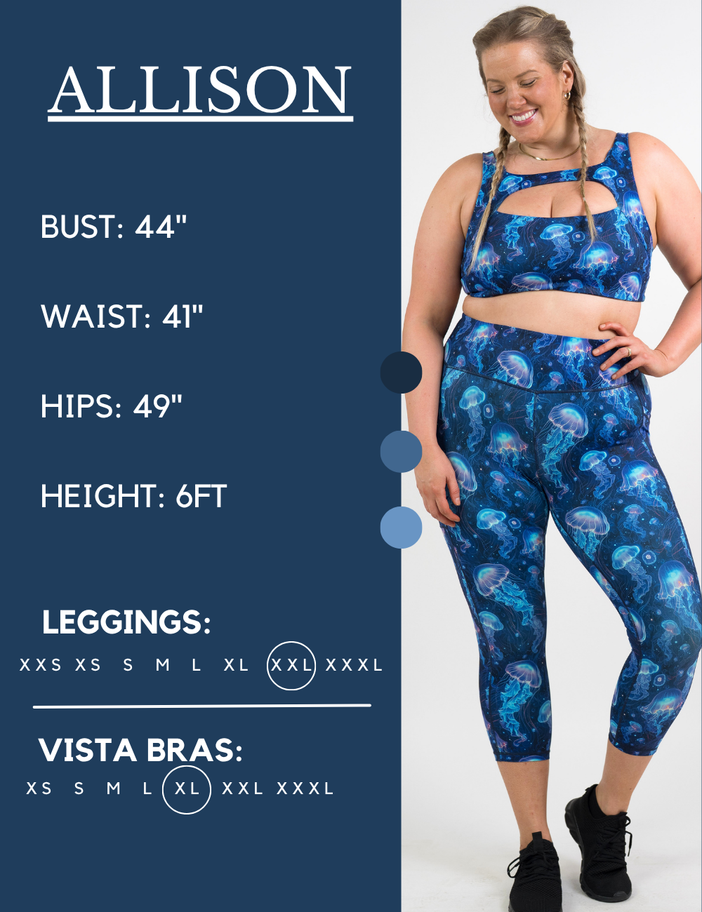 Model’s measurements of 44” bust, 41” waist, 49” hips and height of 6 feet. She is wearing a size extra extra large in our leggings