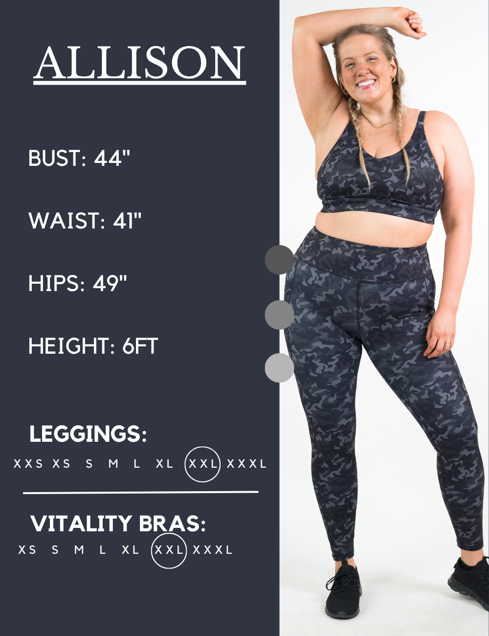 Model’s measurements of 44” bust, 41” waist, 49” hips and height of 6 feet. She is wearing a size extra extra large in our leggings