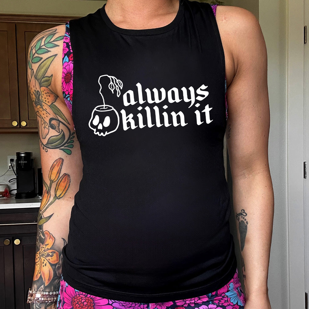 Model wearing black colored shirt with a wilting plant in a skull shaped pot graphic on it that says "Always Killin It"