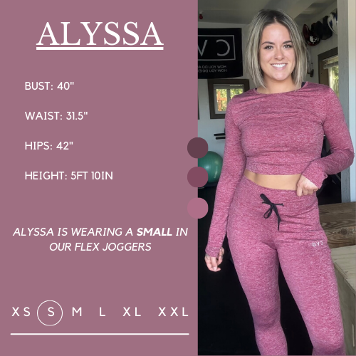 Model's measurements of 40 inch bust, 31.5 inch waist, 42 inch hips, and height of 5 foot 10 inches. She is wearing a size small in these joggers