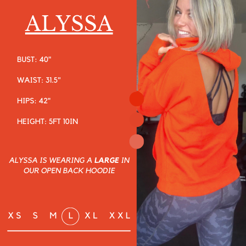 Model's measurements of 40 inch bust, 31.5 inch waist, 42 inch hips, and height of 5 foot 10 inches. She is wearing a size large in this hoodie