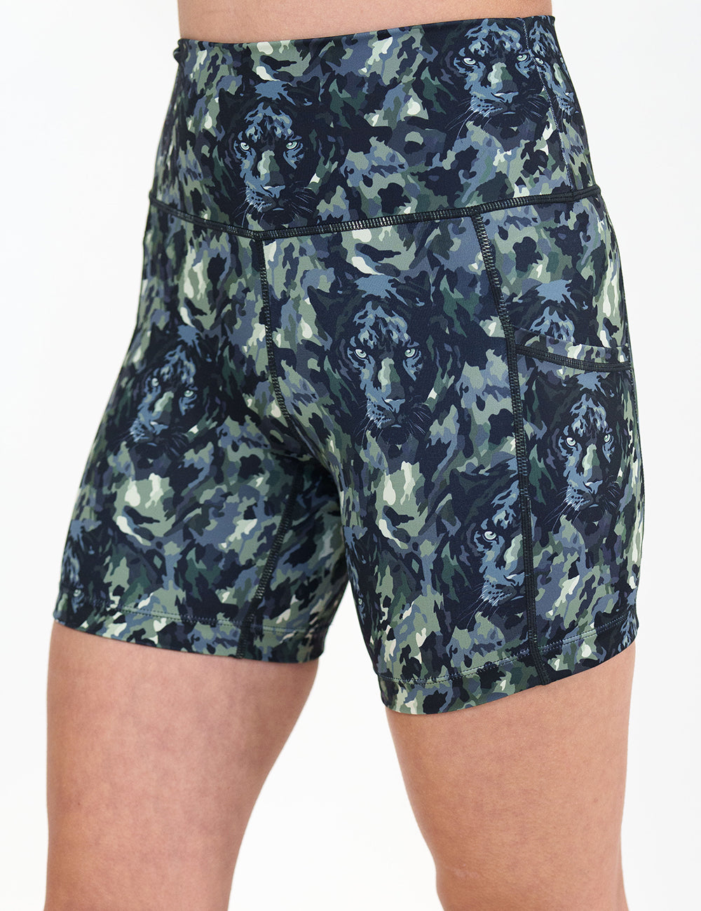 front of the 5 inch panther camo print shorts against a white background