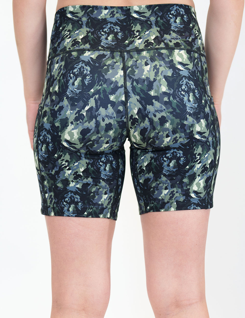 back of the 7 inch panther camo print shorts