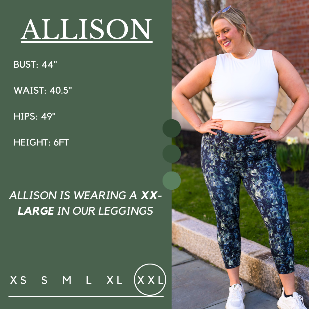 Model's measurements of 44 inch bust, 40.5 inch waist, 49 inch hips, and height of 6 foot. She is wearing a size xx-large in our leggings