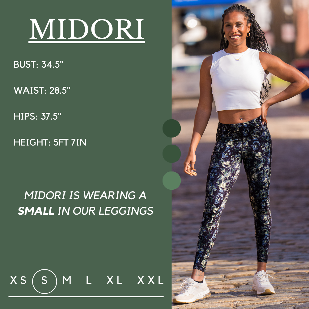 Model’s measurements of 34.5” bust, 28.5” waist, 37.5” hips and height of 5 ft 7 inches. She is wearing a size small in our leggings