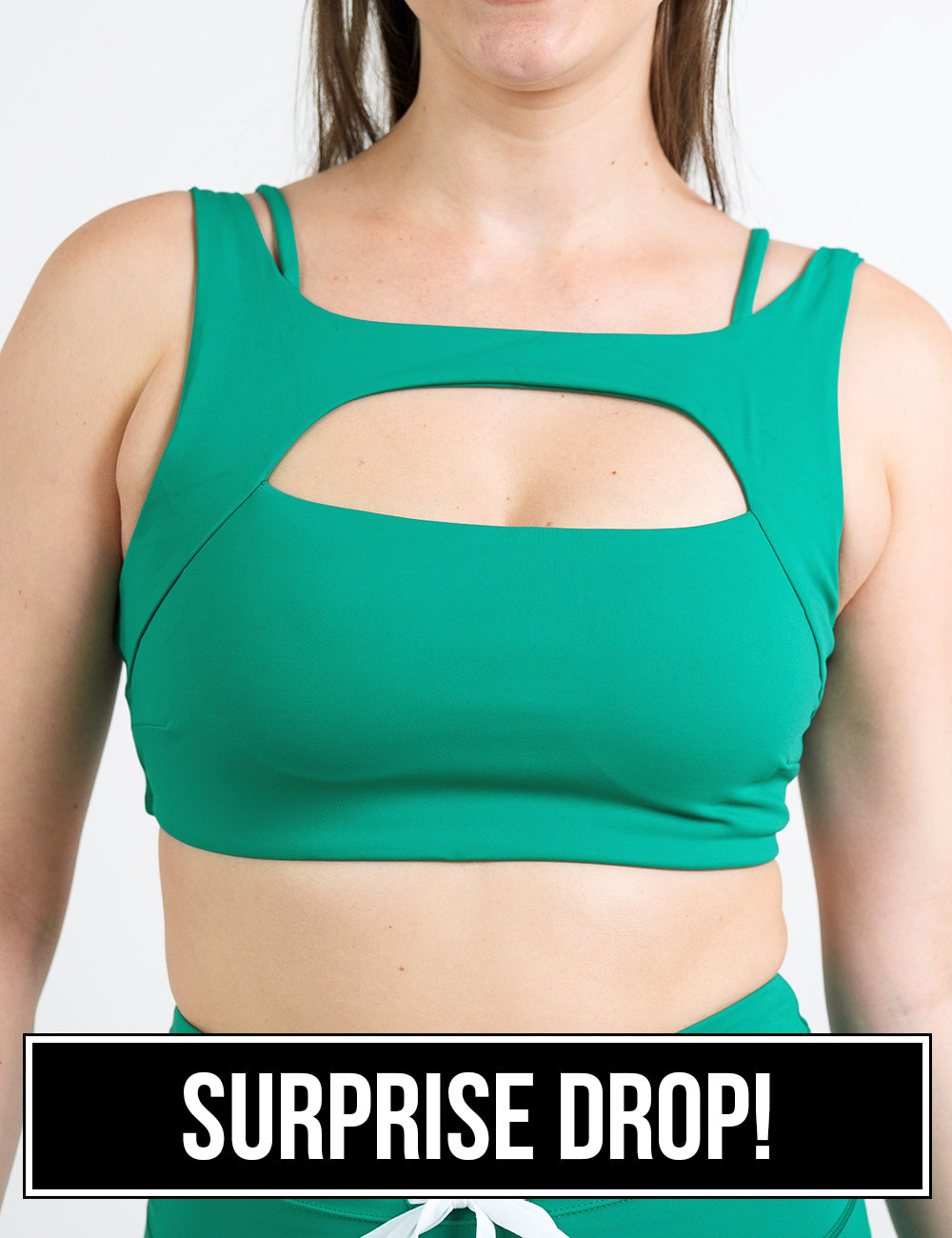 front of the green vista bra against a white background, surprise drop