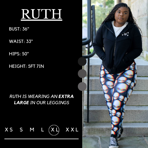 Model's measurements of 36 inch bust, 33 inch waist, 50 inch hips, and height of 5 foot 7 inches. She is wearing a size extra large in these leggings.